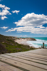 Scenic view of wooden footpath leading to beach at De Hoop nature Reserve, South Africa.
