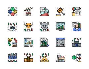 Set of Stock Market Color Icons. Bull and Bear Market, Trader, Dividend and more