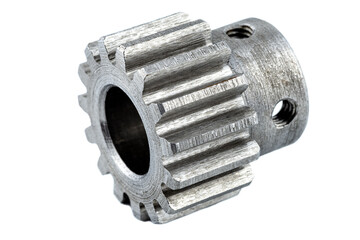 Macro shot of a steel gear with fifteen teeth, visible screw holes, isolated on white background.