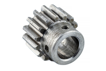 Macro shot of a steel gear with fifteen teeth, visible screw holes, isolated on white background.