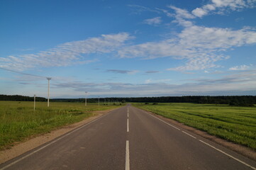 an empty paved road in the middle of a field goes into the distance