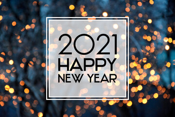 2021 Happy New Year christmas golden bokeh lights background frame stock images. 2021 New Year sign...