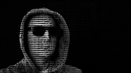 Man in hood and glasses with binary code numbers. PSD effect matrix code. Silhouette of man in hoodie and sunglasses made from binary code digits on black background - Powered by Adobe