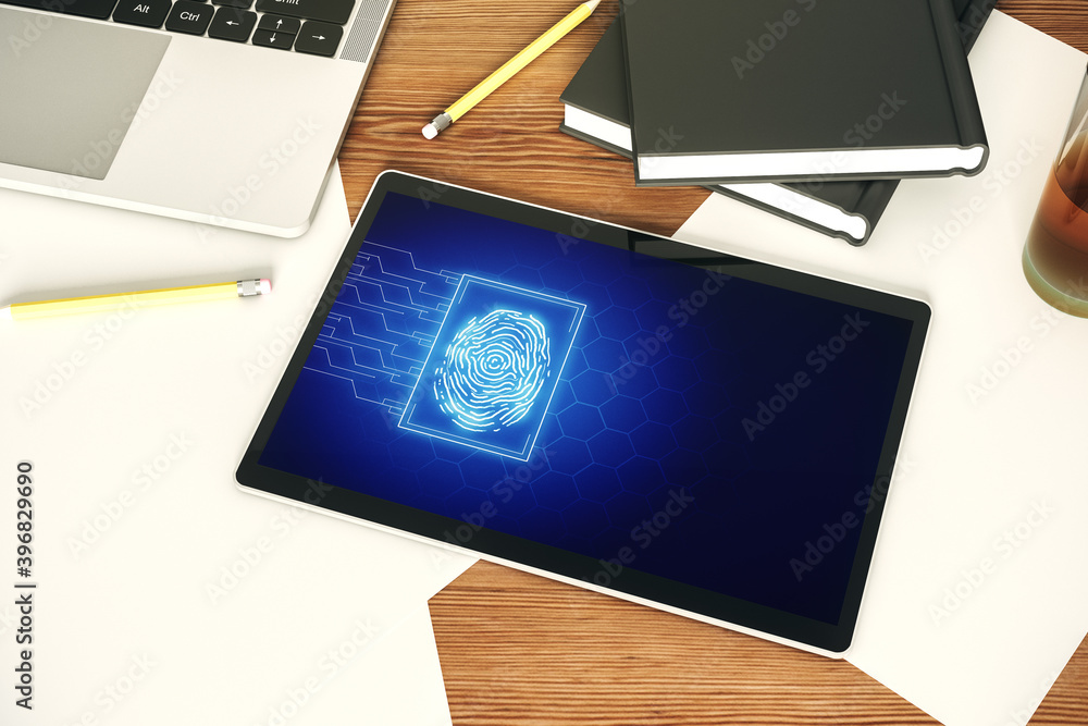 Aufkleber Modern digital tablet screen with abstract graphic fingerprint sketch, fingerprint scan data concept. Top view. 3D Rendering
