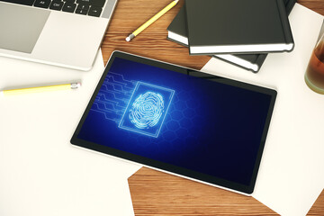 Modern digital tablet screen with abstract graphic fingerprint sketch, fingerprint scan data concept. Top view. 3D Rendering