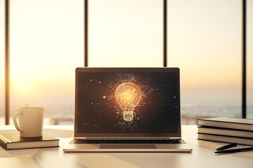 Creative light bulb hologram on modern laptop monitor, idea concept. 3D Rendering