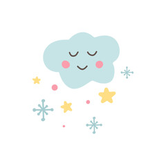 Cute cloud icon with snowflakes and stars. Baby shower sticker. Unique hand drawn funny cloud. Kid nursery label in pastel color. Lovely cartoon for wrapping, apparel. Vector illustration