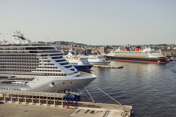 A lot of crusie ships moored in the port of Naples, Itlay