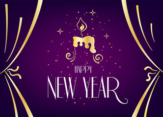 Happy New Year card with candle, stars and golden confetti on violet background. Vector greeting banner. - 396830295