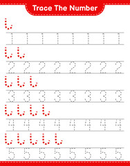 Trace the number. Tracing number with Candy Canes. Educational children game, printable worksheet, vector illustration