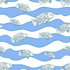 Seamless pattern with fish on waved background, vector illustration