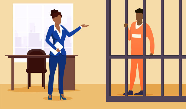 Lawyer And Prisoner In Court. Cartoon Suspect, Convicted Person In Cage. Advocate, Barrister Protecting Client In Courtroom. Prosecutor Presenting Evidence, Proofs Document. Vector Illustration