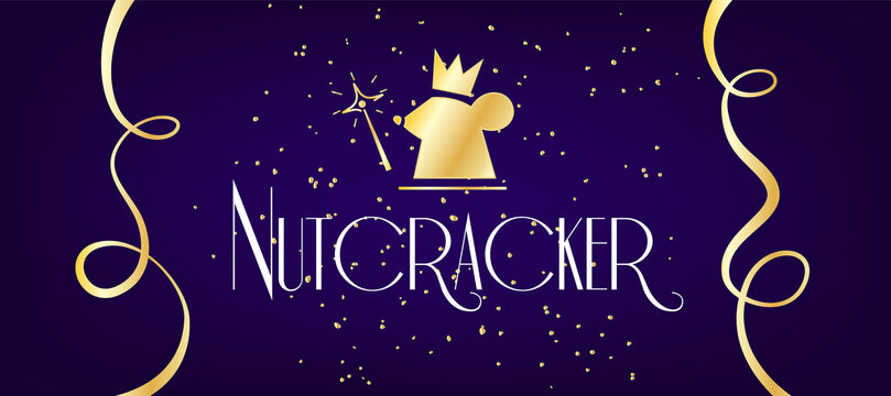 Holiday card with mouse, crown, ribbon and golden confetti on blue background. Ballet ticket. Vector banner.