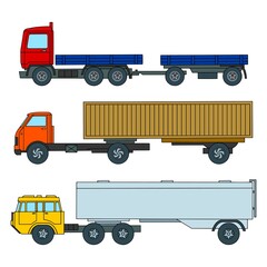 Set of trucks with trailers. Cartoon style. Color vector illustration