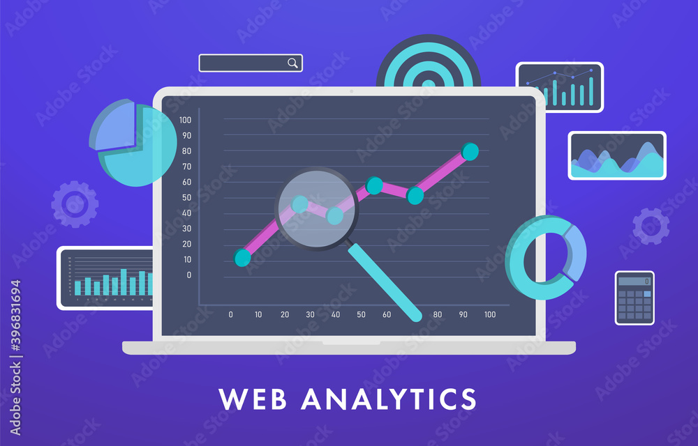 Fototapete Web Analytics, Statistical Data Analysis and Ecommerce Metrics. Laptop computer with graph and charts on screen and conceptual marketing icons and analytics elements. Digital business SEO technology