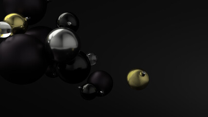 New Year's golden ball over the background of black balls.