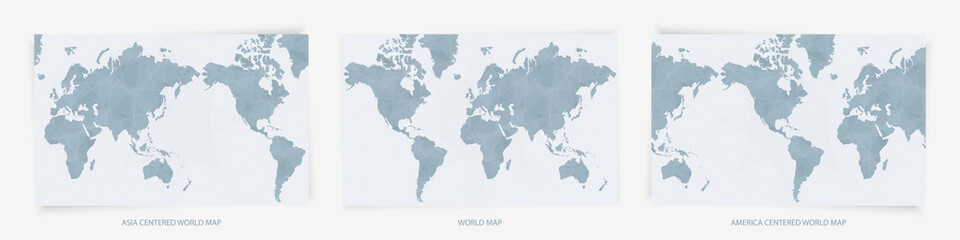 Europe, Asia, and America centered World Maps. Three versions of abstract blue World Maps.