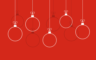 Christmas outline balls hanging ornaments on red background.