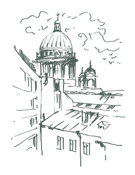 Hand drawn St. Isaac's Cathedral with roofs, Saint-petersburg, Russia. Vector illustration. Sketch.