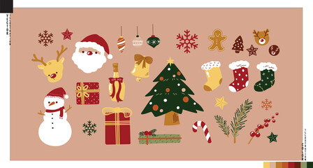 Vector of Christmas flat design elements. Hand-drawn Xmas decorative items. 