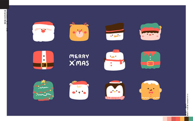 Collection of Christmas character icons in square shape. 
