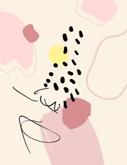 Contemporary art print. Vector hand drawn artwork. Trendy 50s, 60s retro, vintage. Matisse style. Hugge home, house decor. Wallpaper, banner. Beige, black, pink, yellow soft colors. Minimalism