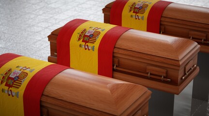 State funeral in Spain. Coffins in the national pavilion.