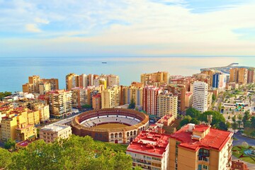 Fototapeta na wymiar beautiful panorama of the city of Malaga, Spain, of the port area seen from the top of the Gibralfaro castle
