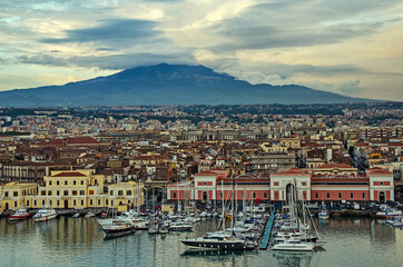 View on the city of Catania and volcano Etna in Sicily, Italy