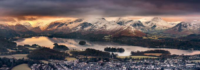 Panoramic view of Derwentwater in the Lake District on a Winter morning with snow on mountains.