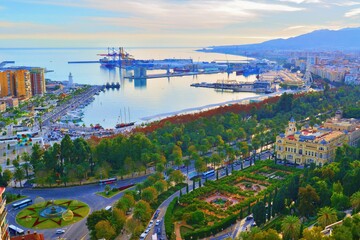 beautiful panorama of the city of Malaga, Spain, of the port area seen from the top of the Gibralfaro castle