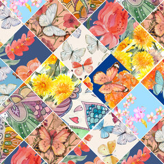 Vintage patchwork pattern from rhomb pieces with summer happy design of butterflies, birds and flowers. watercolor painting