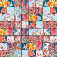 Vintage patchwork pattern from square little pieces with butterflies, birds and flowers. watercolor painting