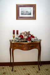 Candlestick Interior Decor with candles, table handmade arrangement mini decoration for new year, artificial Christmas tree