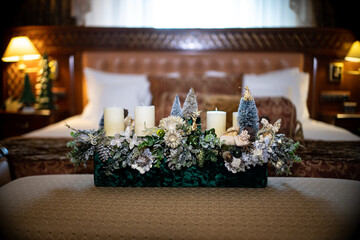 Candlestick Interior Decor with candles, table handmade arrangement mini decoration for new year,...
