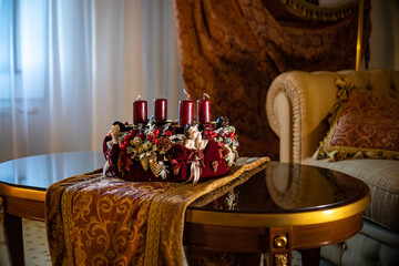 Advent wreath with candles, table handmade arrangement mini decoration for new year, artificial Christmas tree interior decoration