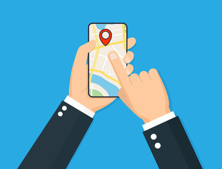 Smartphone with mobile gps navigation. Flat vector illustration