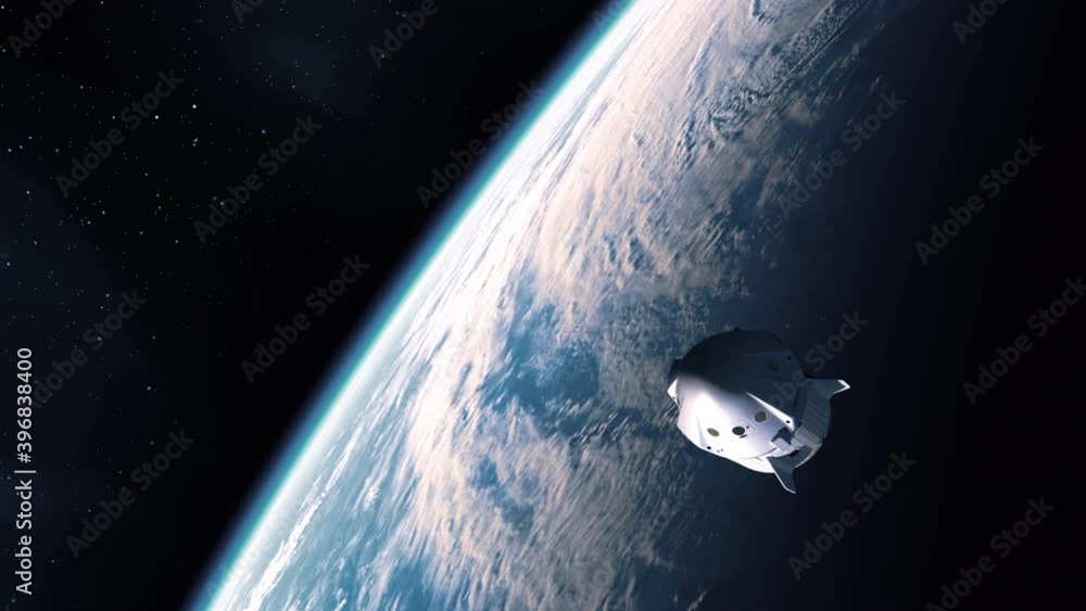Wall mural commercial spaceship flight from earth to international space station. 3d animation. uhd. 4k. 3840x2