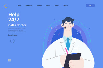 Medical insurance template -help 24 per 7, call us -modern flat vector concept digital illustration of male doctor with headset talking on the phone for a medical consultation. Medical company service