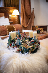 Advent wreath with candles, table handmade arrangement mini decoration for new year, artificial Christmas tree interior decoration