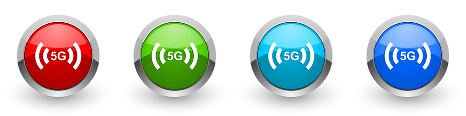 Obraz premium 5G internet wireless communication, network silver metallic glossy icons, set of modern design buttons for web, internet and mobile applications in four colors options isolated on white background
