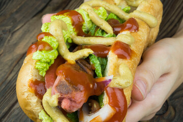 women's hands hold a delicious hot dog with a Bavarian sausage and the addition of fresh vegetables, ketchup and mustard.