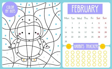 Kids activity calendar series. 2021 year. February page with color by dots educational game for kids and toddlers