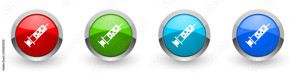 Poster vaccine, injection, syringe symbol silver metallic glossy icons, set of modern design buttons for we