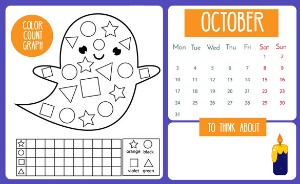 Kids activity calendar series. 2021 year. October page with halloween educational game for kids and toddlers
