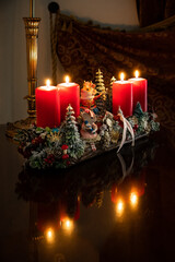 Advent wreath with candles, table handmade arrangement mini decoration for new year, artificial Christmas tree interior decoration