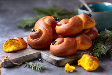 Buns with saffron.Traditional Scandinavian pastries.