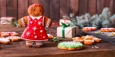 gingerbread cookies christmas sweet pastries dessert festive home baked cake treat holiday new year gift top view copy space food background rustic