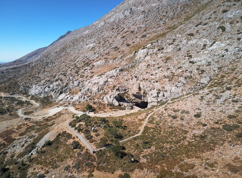 Aerial view of Ideon Antron Cave in Anogia village, Rethimno, Crete. It is believed to be the possible birthplace of Zeus in mythology.