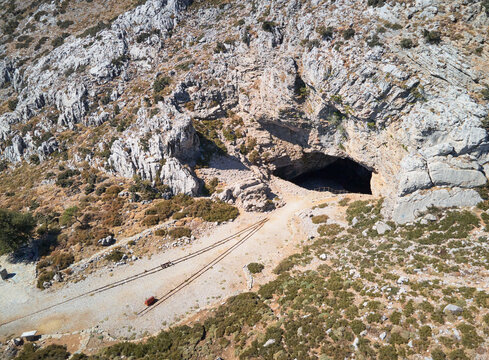 Aerial view of Ideon Antron Cave in Anogia village, Rethimno, Crete. It is believed to be the possible birthplace of Zeus in mythology.